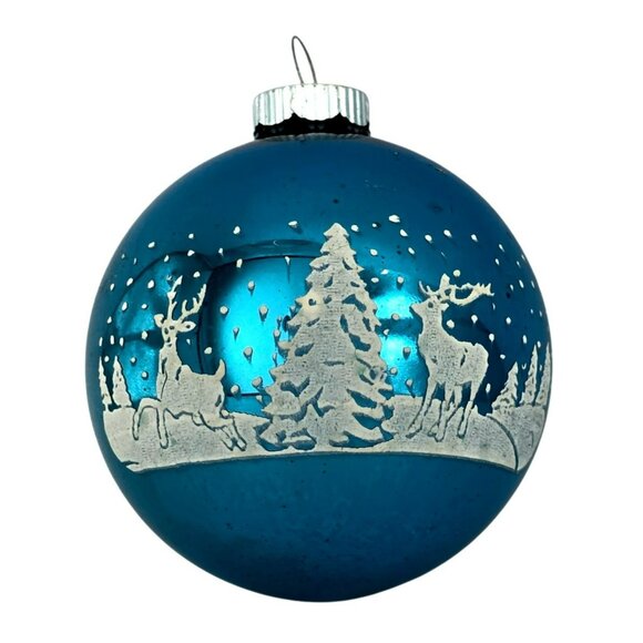 2 VTG Shiny Brite Deer Christmas Tree Ornament Stencil Green Blue Glass Snow MCM - Picture 6 of 14